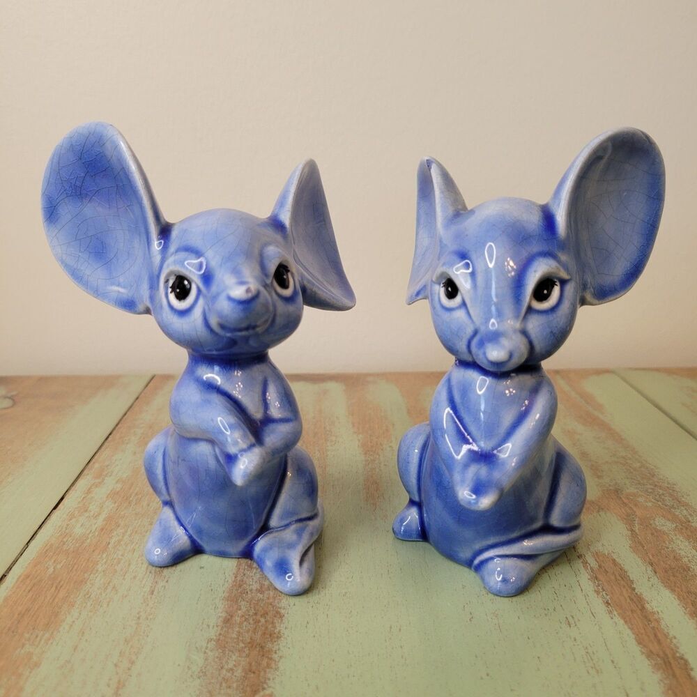 Blue Mouse Ceramic Figurine Pair